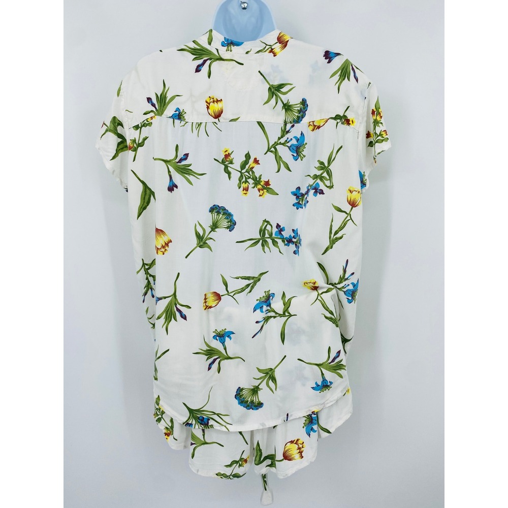Piyama Pajama Set Women M White Floral Rayon Short Sleeve Shirt Shorts - Picture 3 of 5